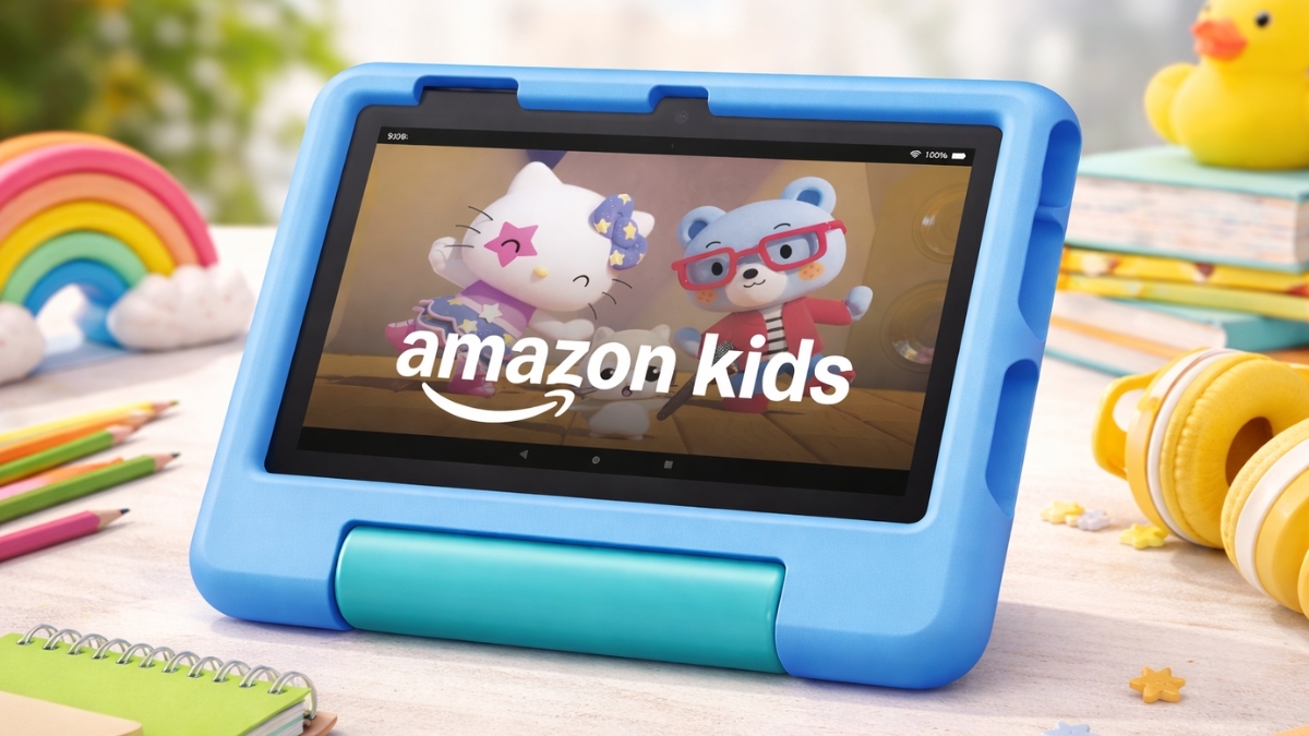 Amazon Fire 7 Kids Tablet with blue protective case displaying Amazon Kids content