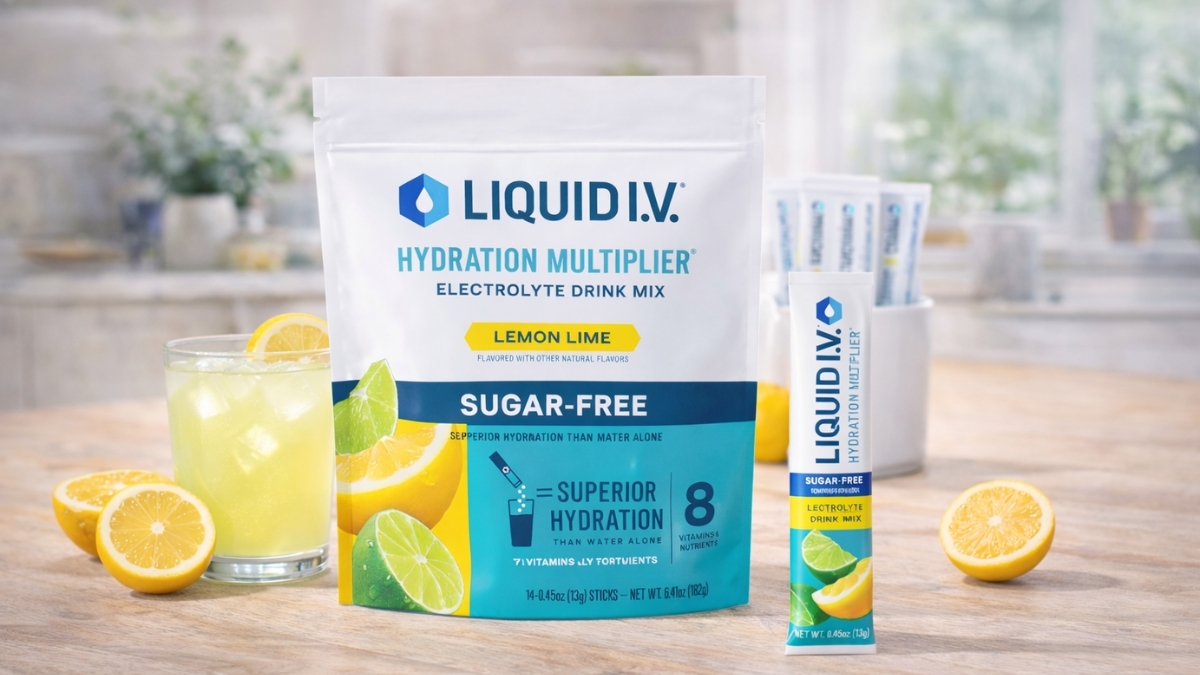 Liquid I.V.® Hydration Multiplier Electrolyte Drink Mix sugar-free lemon lime packets and prepared drink