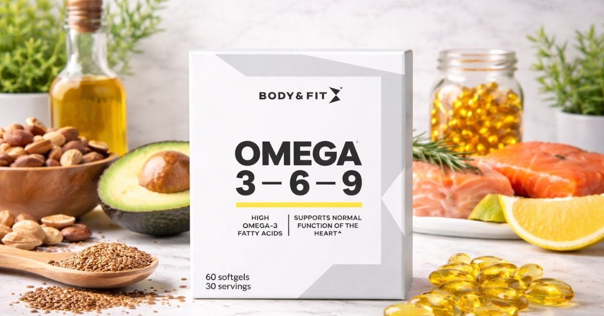 Body & Fit Omega 3-6-9 softgel supplement box with fish oil capsules, salmon, avocado, flaxseed, and healthy fats displayed on a clean background