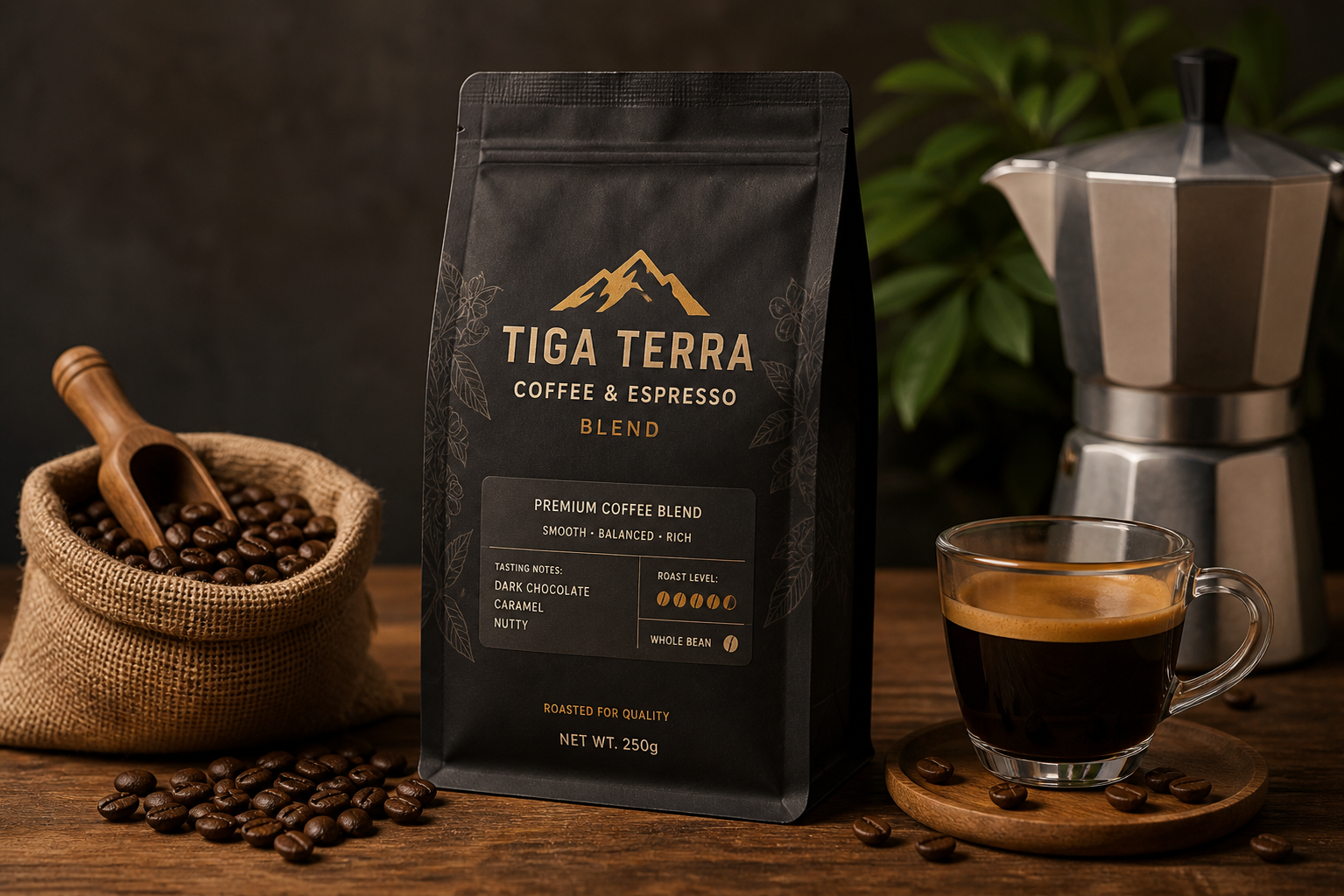 Tiga Terra Coffee & Espresso Blend package displayed with rich dark roasted beans and espresso cup