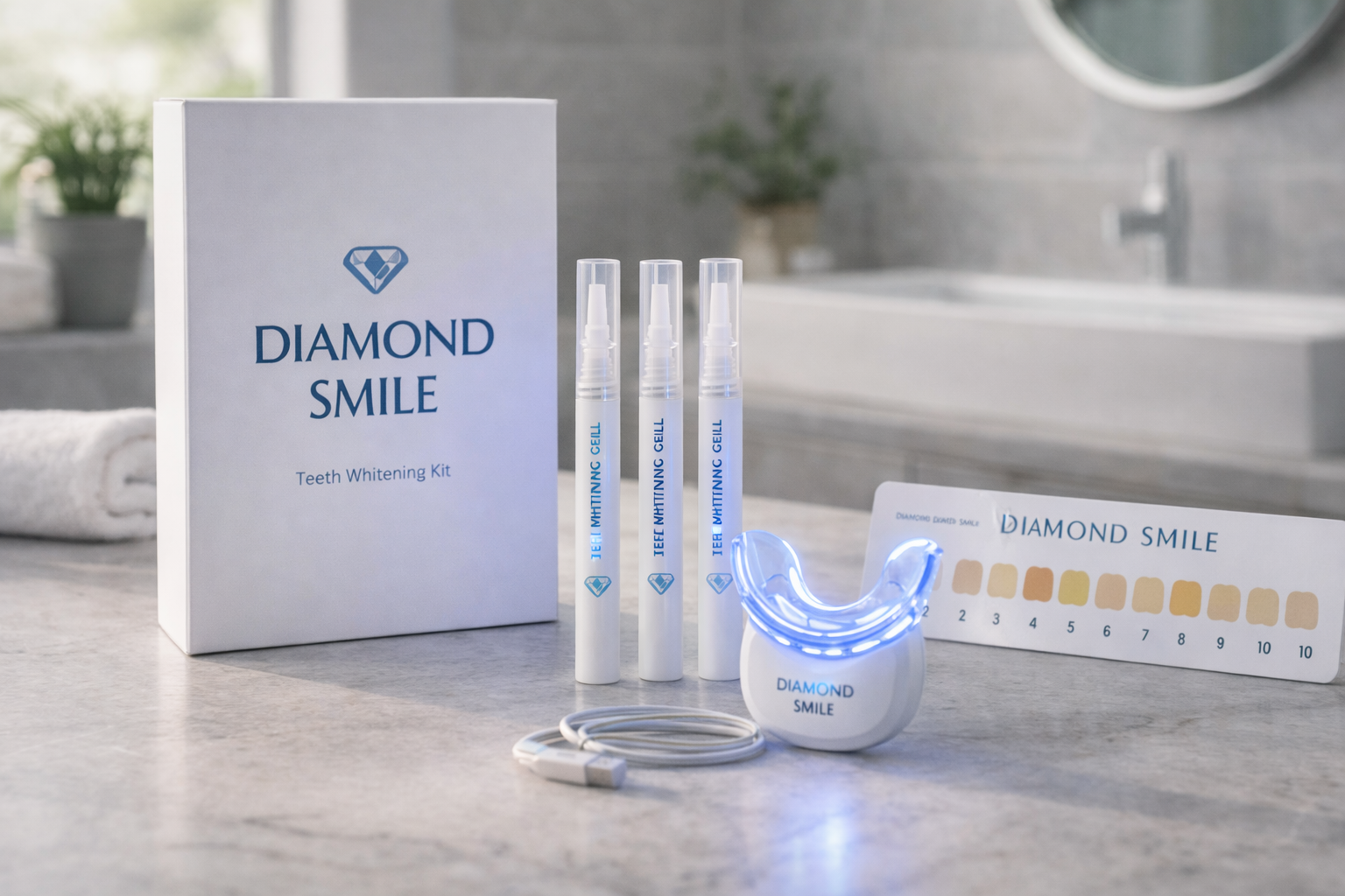 Diamond Smile teeth whitening kit with LED mouthpiece, gel pens, and shade guide on bathroom counter
