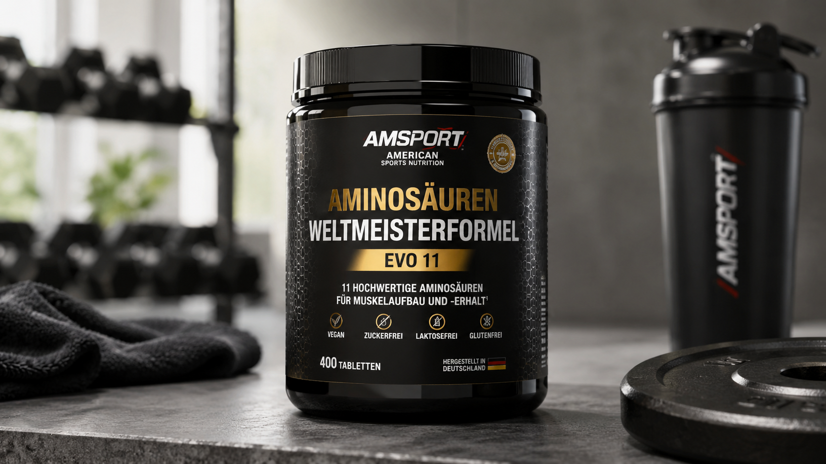 AMSPORT Aminosäuren Weltmeisterformel EVO 11 amino acid supplement with 11 essential amino acids, muscle building and recovery support, 400-tablet sports nutrition formula.