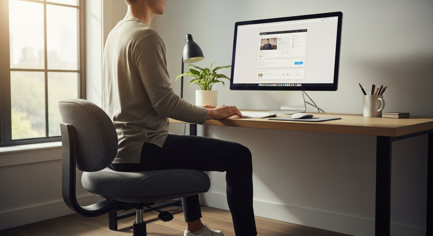 Backerz Ergonomic Seating Ball Chair in anthracite linen cover at modern office desk workspace