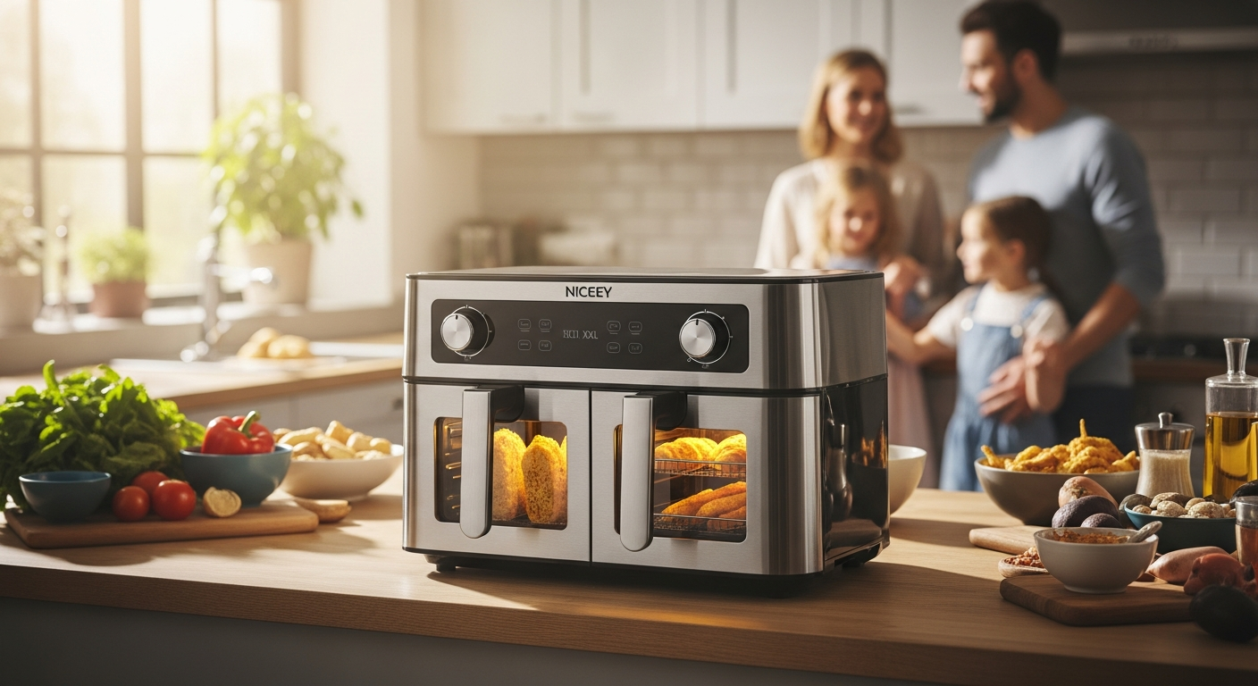 Master Dual-Zone Cooking with the Niceey Double XXL Airfryer: Oil-Free Frying for Busy Families