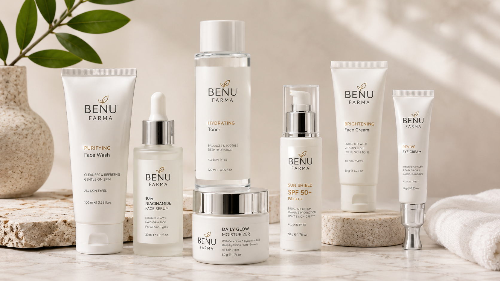 BENU Farma premium cosmetics and skincare products displayed on elegant marble surface with natural lighting