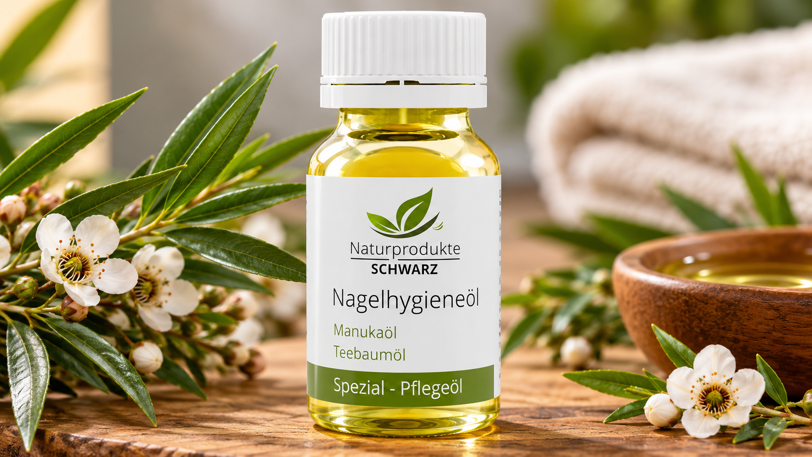 Naturprodukte Schwarz Nail Fungus Treatment Oil with manuka and tea tree essential oils, displayed with fresh green leaves and white flowers in a natural spa setting.