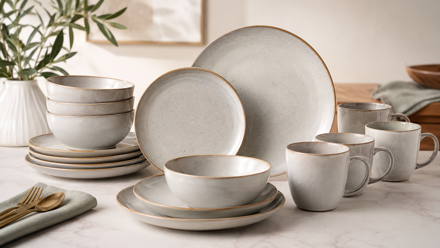 Berger Kynne 16-Piece stoneware tableware set featuring speckled cream dinner plates, salad plates, bowls, and mugs with rustic brown rims, styled on a marble tabletop in a modern farmhouse dining setting.