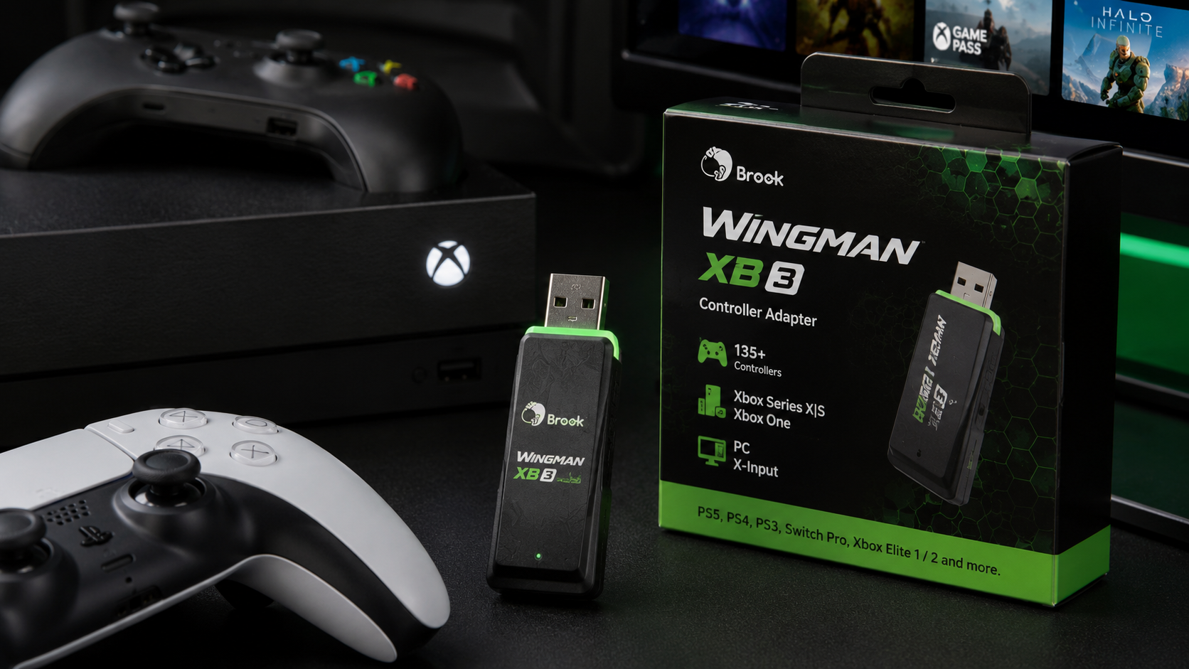 Brook Wingman XB3 controller adapter beside Xbox console and PS5 DualSense controller in a modern gaming setup with green ambient lighting, showcasing cross-platform controller compatibility for Xbox Series X|S and PC.