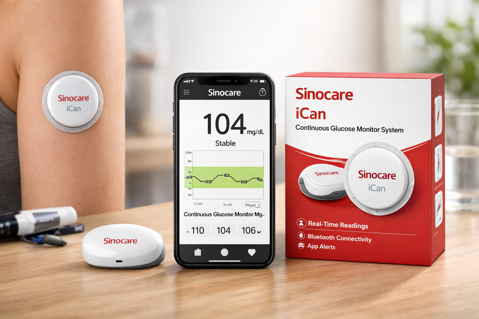 Sinocare iCan continuous glucose monitor system with wearable CGM sensor on arm, smartphone displaying real-time blood glucose readings, and product packaging on a clean wooden surface in a modern healthcare setting