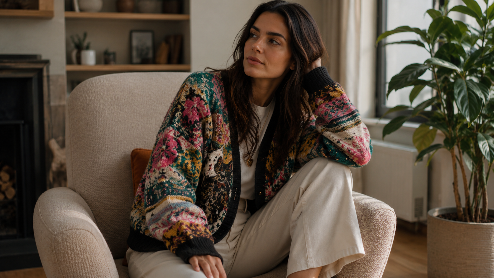 Hayley Menzies luxury statement knit cardigan with bold cosmic cat print design