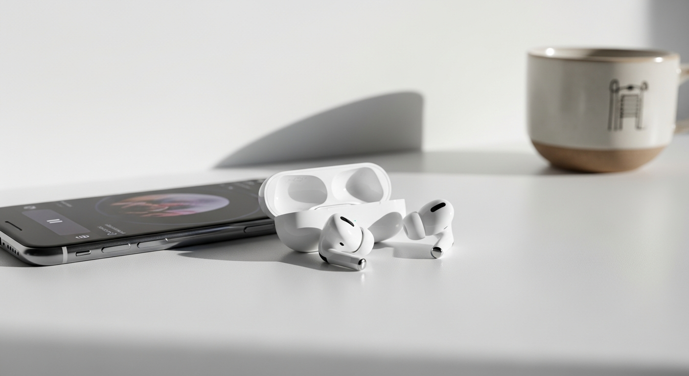 Apple AirPods 4 with Active Noise Cancellation earbuds displayed with charging case and H2 chip technology