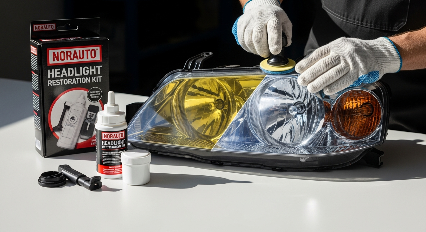 Norauto Headlight Restoration Kit components including sanding discs, polishing pad, and protective sealant displayed on white background