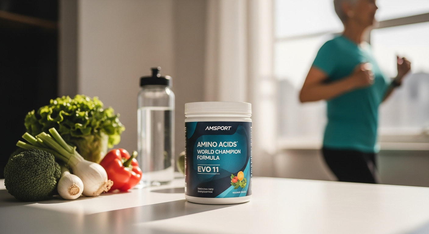 AMSPORT Amino Acids World Champion Formula EVO 11 supplement container with clean allergen-free label