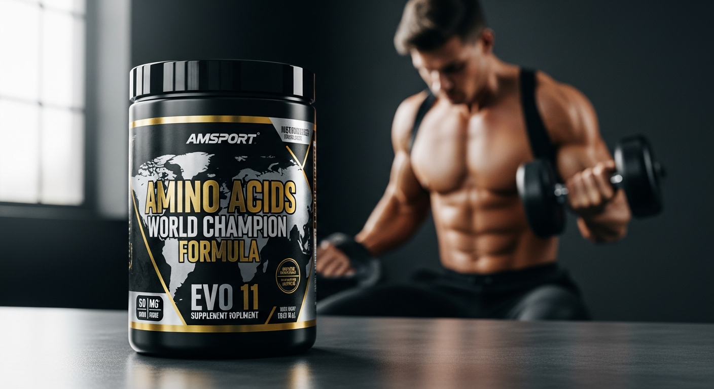 AMSPORT Amino Acids World Champion Formula EVO 11 premium protein powder container with peptide complex technology