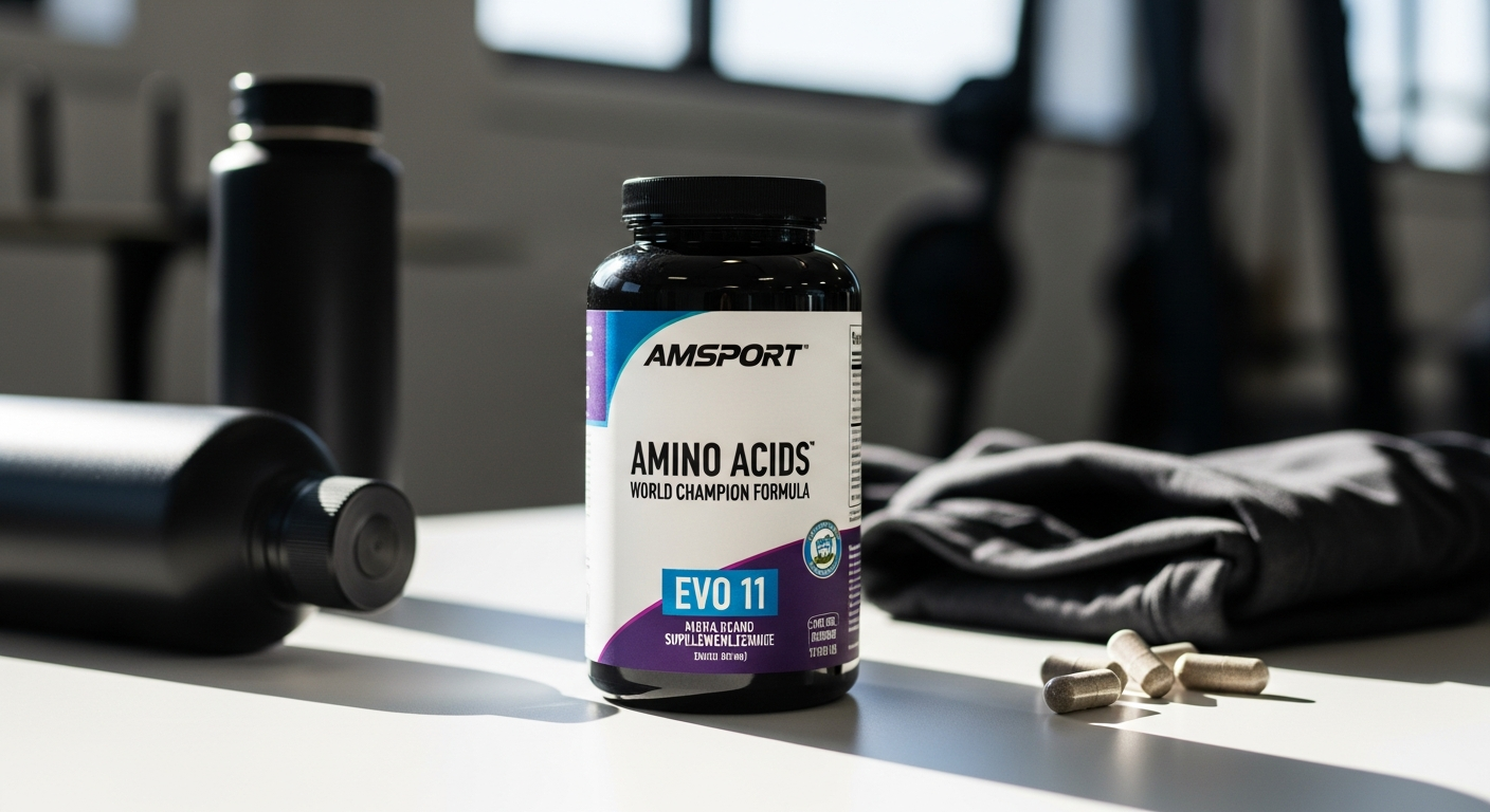 AMSPORT Amino Acids World Champion Formula EVO 11 supplement powder container with neutral background