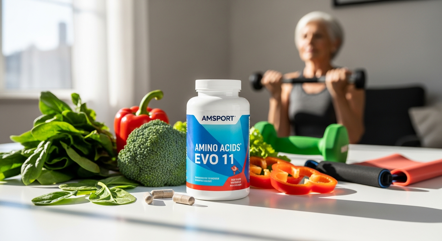 AMSPORT Amino Acids World Champion Formula EVO 11 premium peptide supplement container with German manufacturing certification