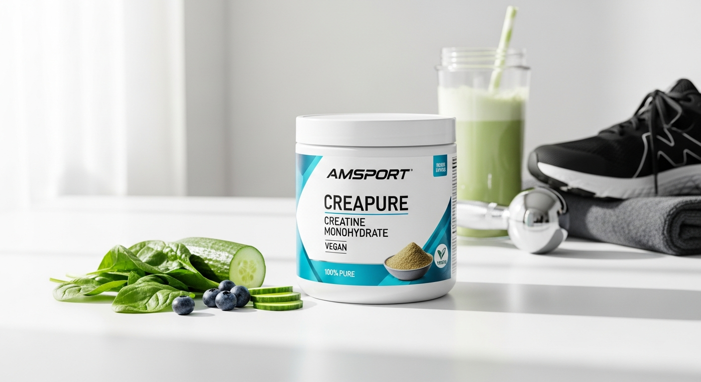 AMSPORT Creapure Creatine Monohydrate Powder container with neutral white background