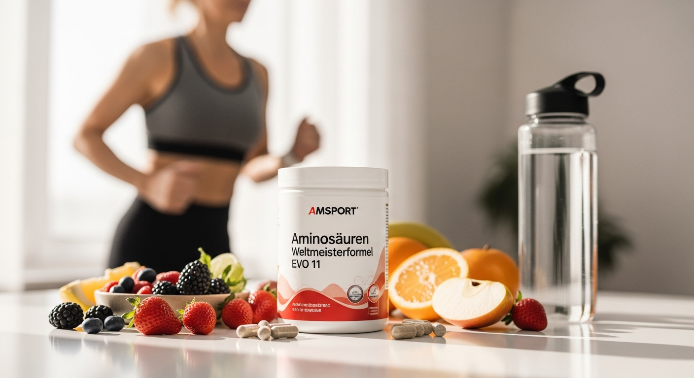 AMSPORT Aminosäuren Weltmeisterformel EVO 11 premium amino acid supplement container with peptide formula