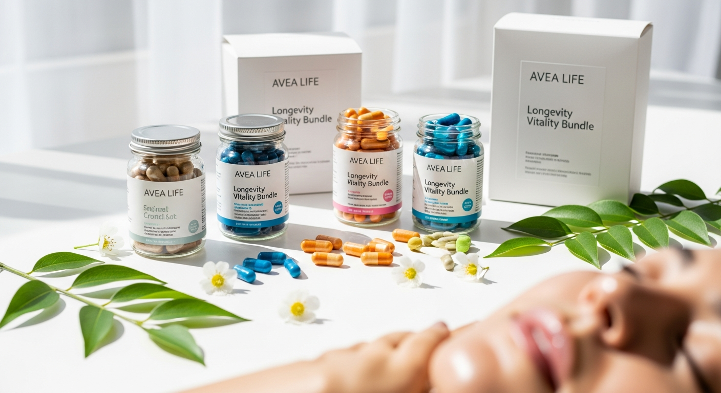 AVEA LIFE Longevity Vitality Bundle supplements featuring NMN, Booster formula, and Collagen Activator for cellular energy and skin renewal