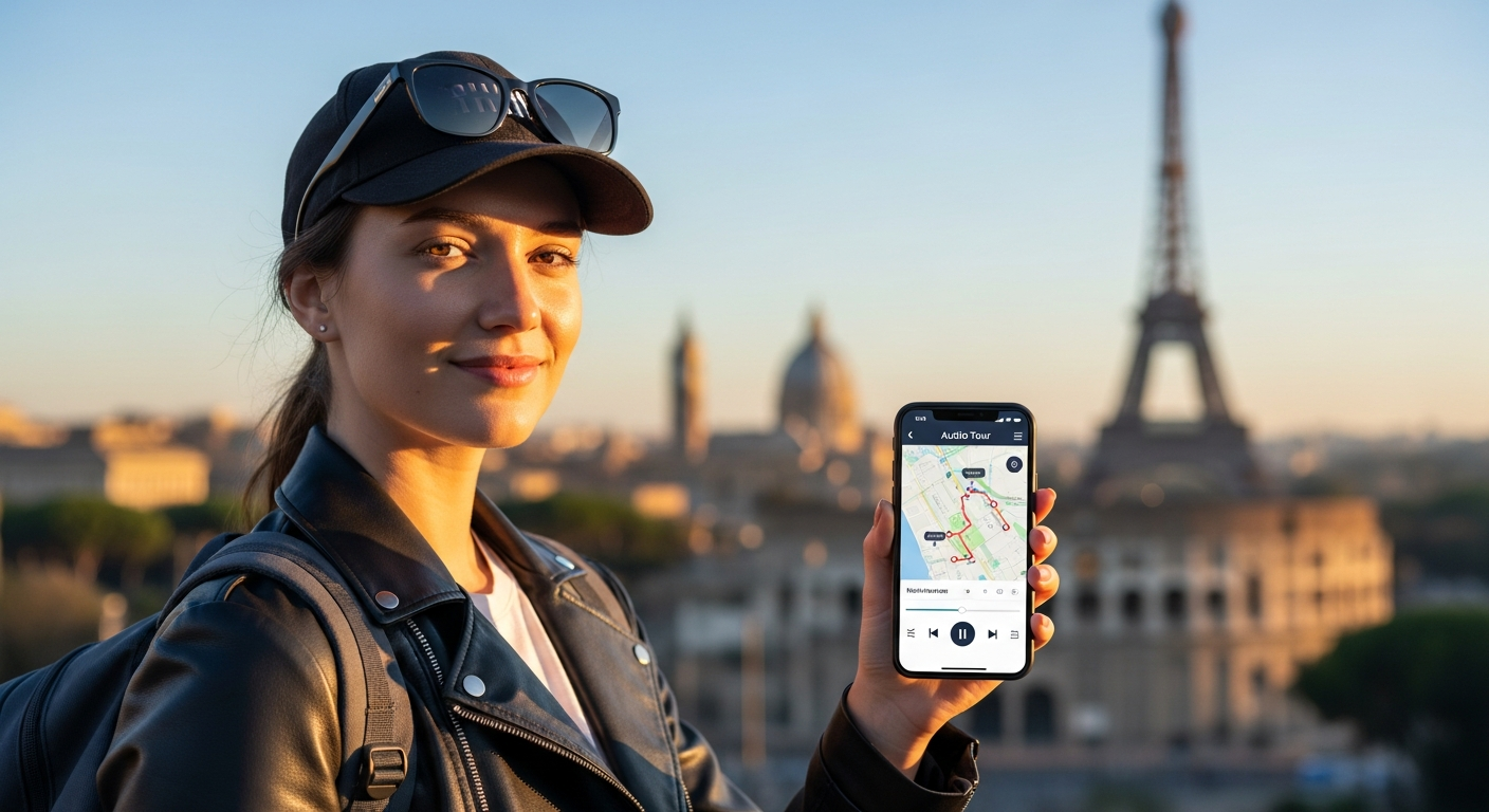 Action Tour Guide All-Access Audio Tours Pass smartphone app displaying GPS-powered audio tour interface with map and narration controls