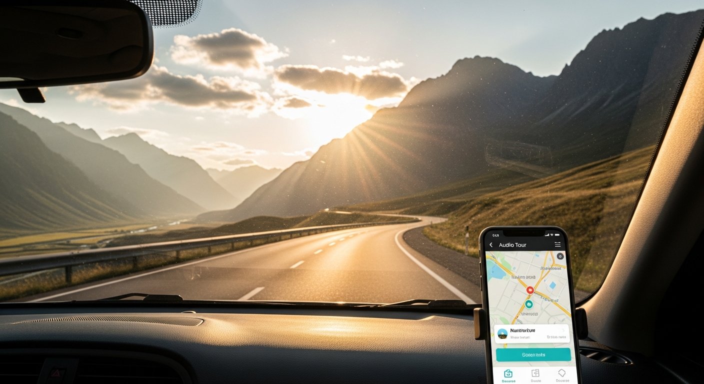 Action Tour Guide app interface showing GPS-enabled audio tour map with offline navigation features