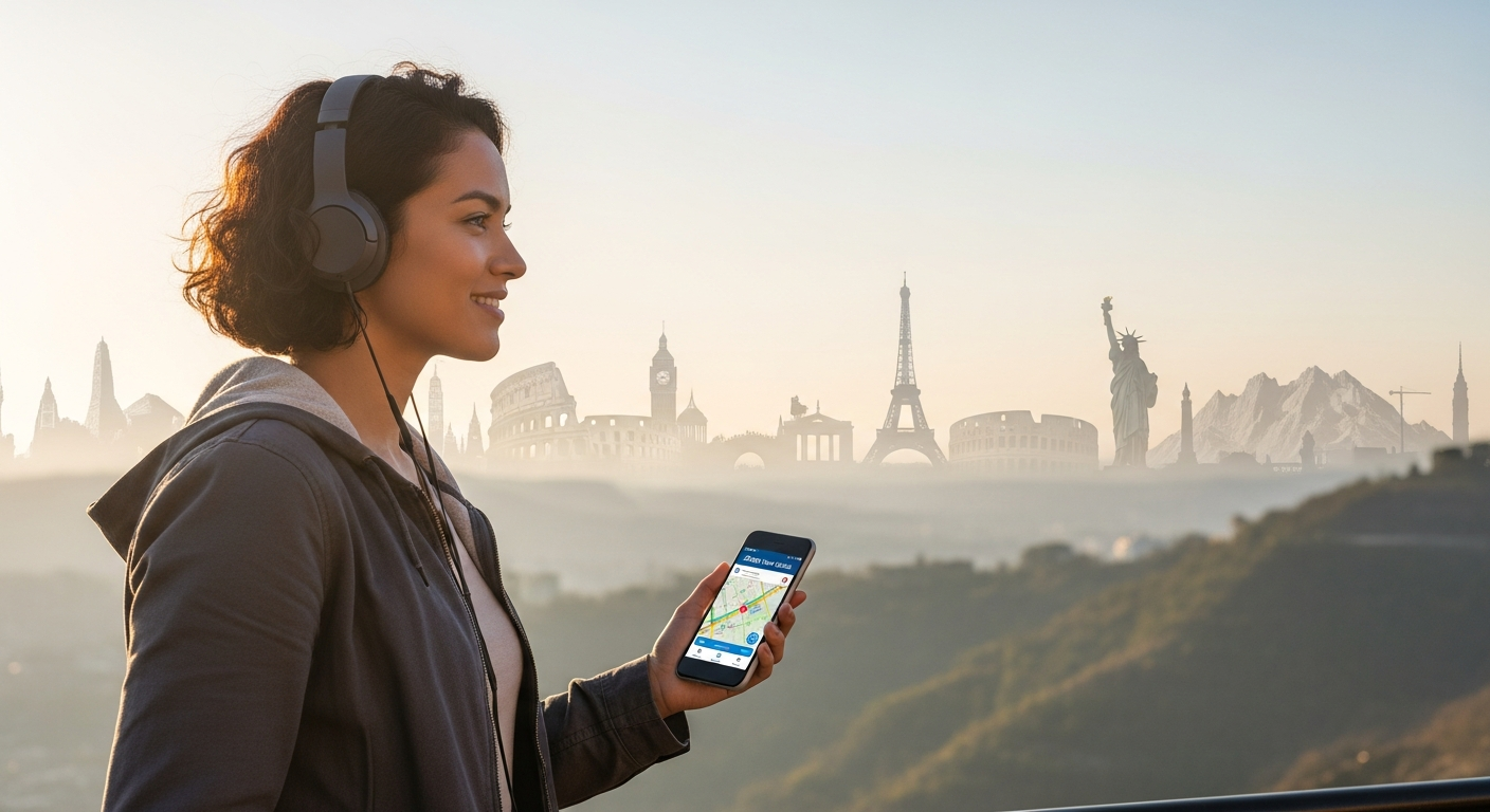 Solo traveler using smartphone with GPS-enabled audio tour in scenic mountain destination