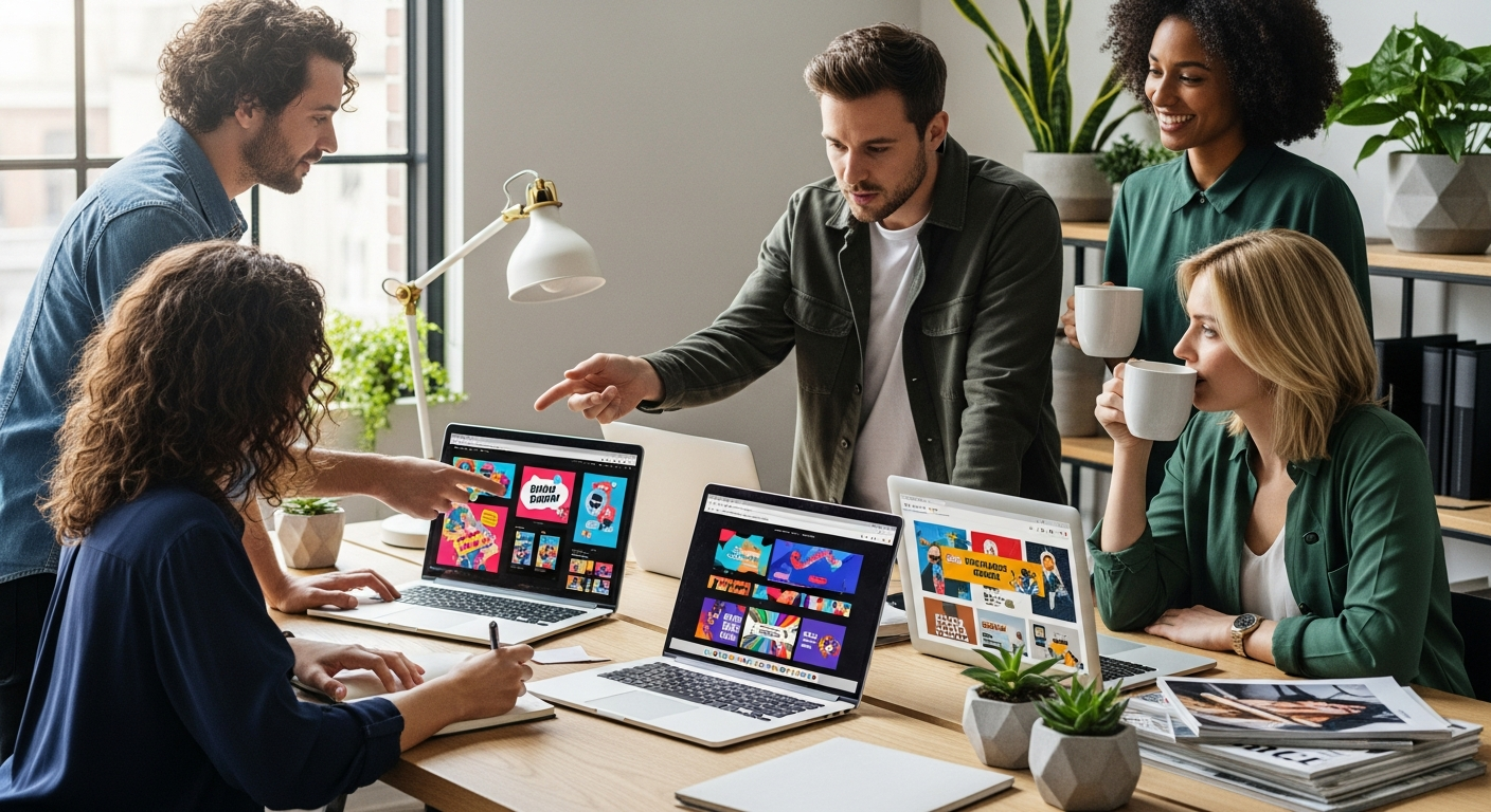 Small agency team collaborating on AI-powered ad creative generation platform dashboard