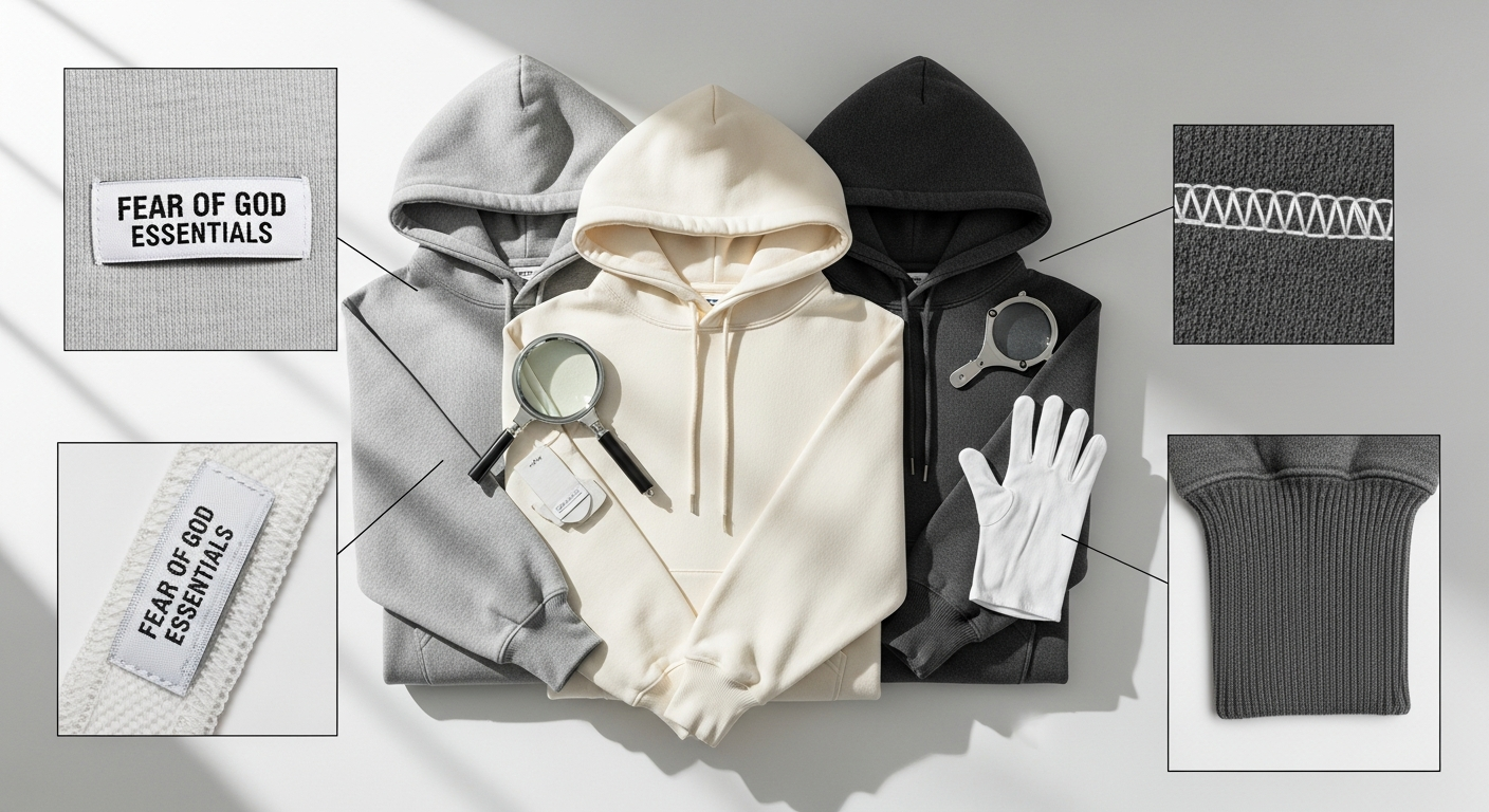 Fear of God Essentials hoodie authentication guide showing genuine vs counterfeit details