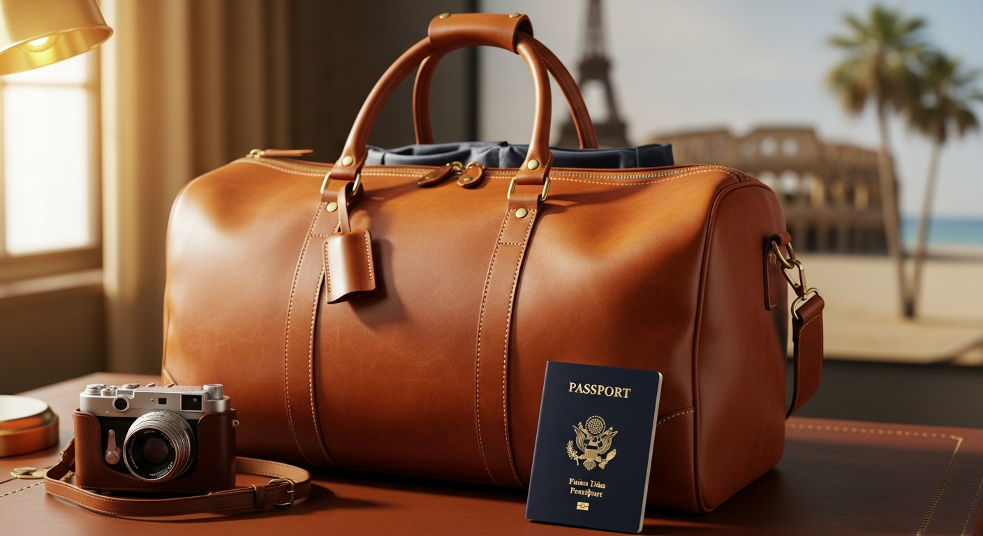 Kingston Leather Travel Duffle Bag in full-grain tan leather with brass hardware and shoulder strap