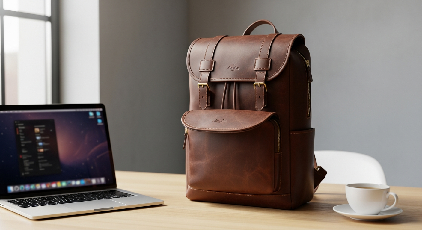 Premium full-grain leather laptop backpack with padded straps and professional design aesthetic