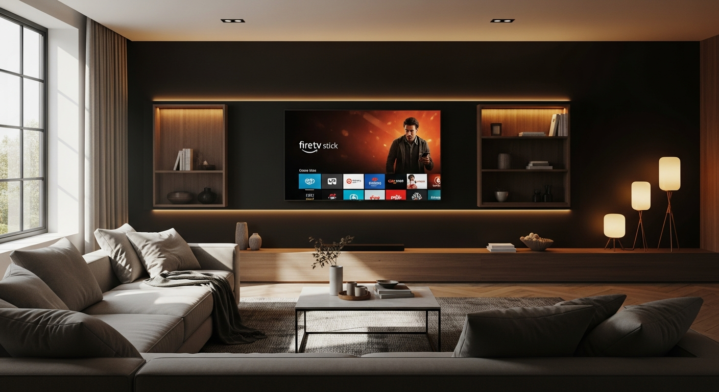 Amazon Fire TV Stick 4K device displayed next to a modern television setup with soundbar and smart home devices