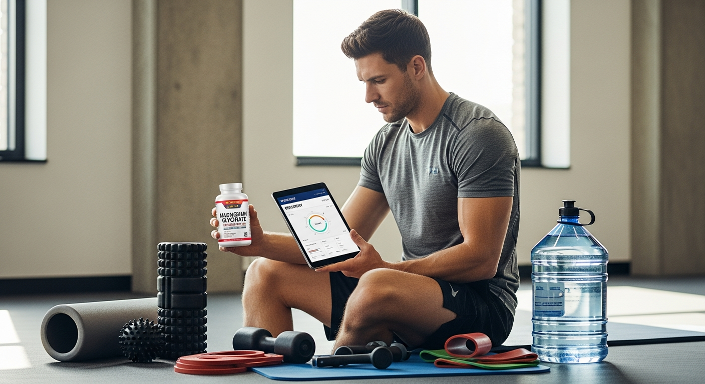Athlete holding magnesium glycinate supplement bottle during post-workout recovery session