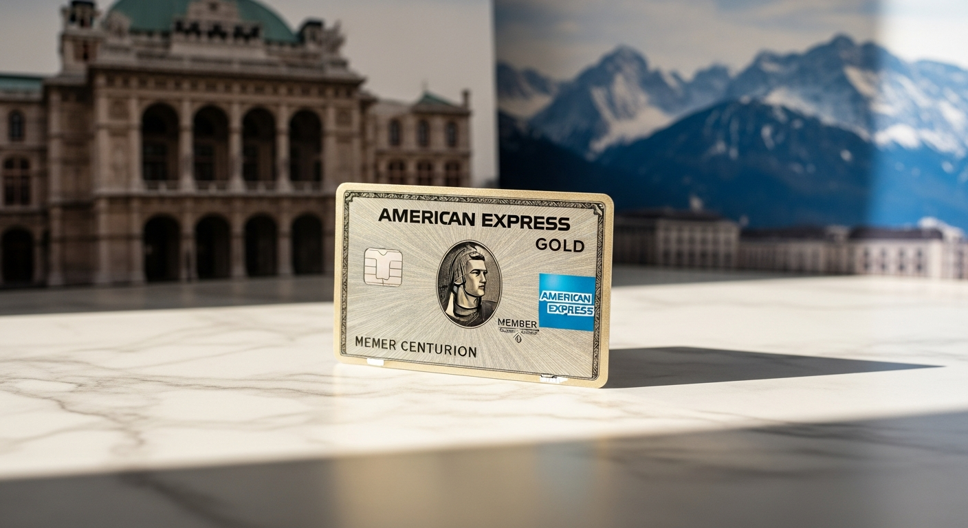 American Express Gold Card Austria premium credit card with Vienna cityscape and travel elements in background