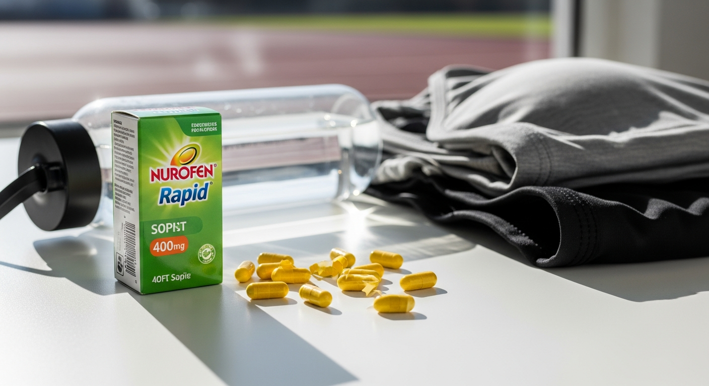 Nurofen Rapid 400mg ibuprofen soft capsules displayed with water and athletic equipment
