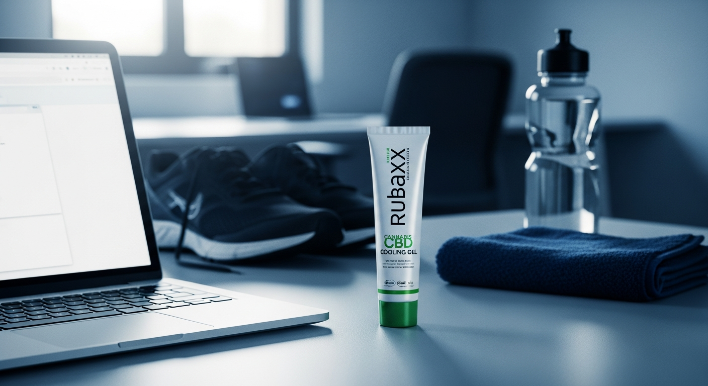 RubaXX Cannabis CBD Cooling Gel tube displayed with cooling mint leaves and muscle relief imagery