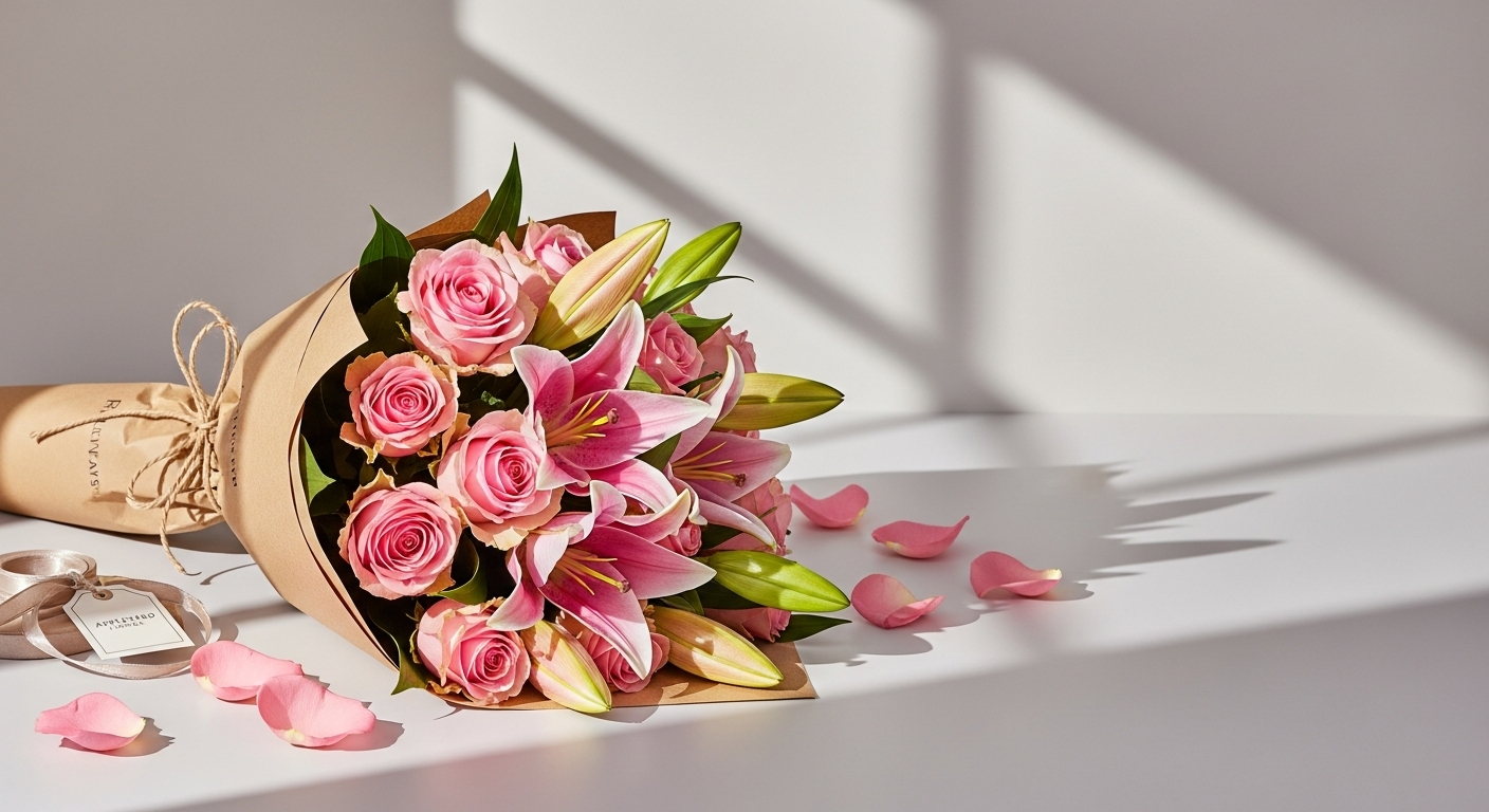 Simply Pink Rose and Lily Bouquet hand-tied arrangement with pink roses and white lilies