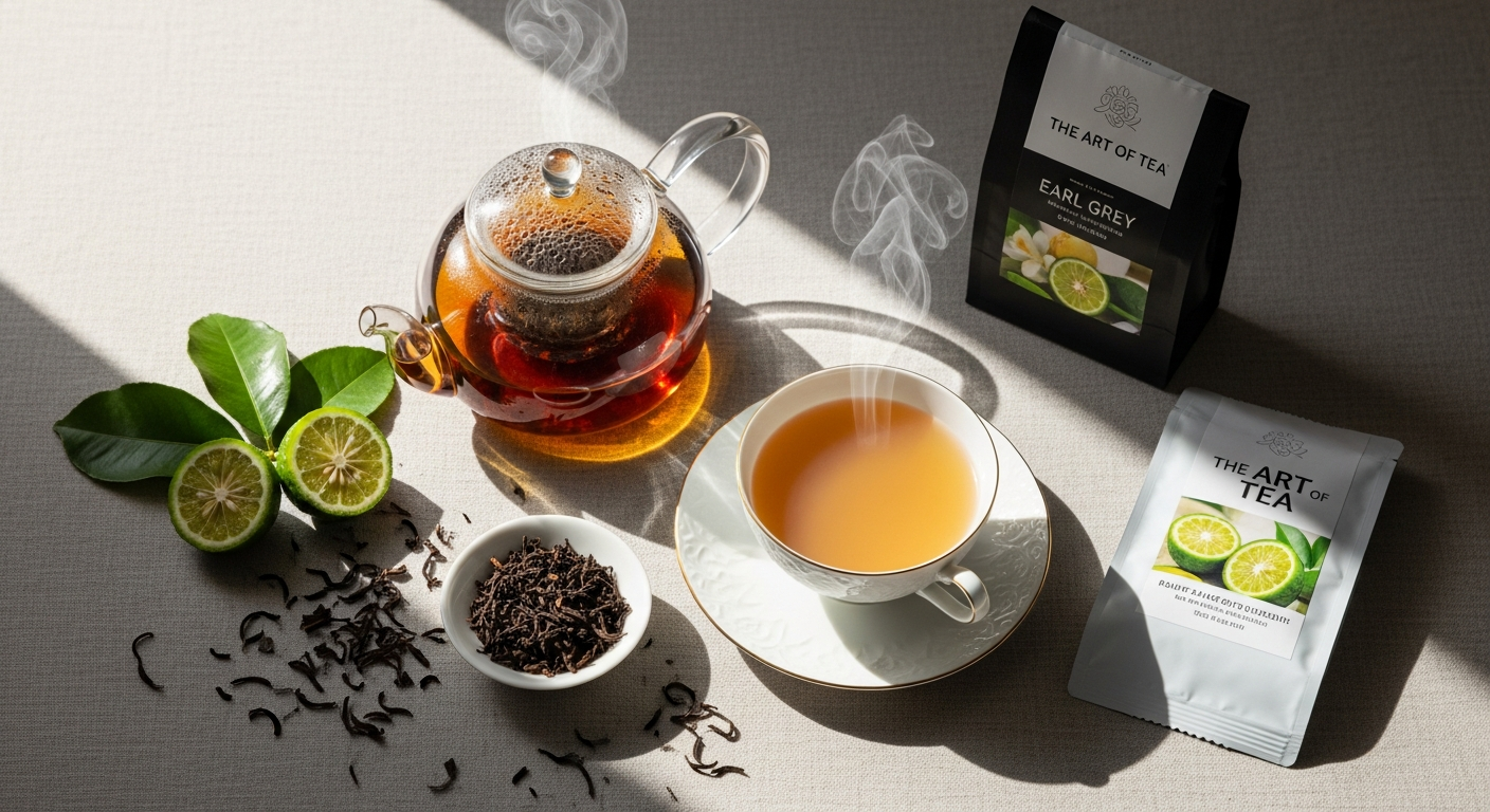 Art of Tea Earl Grey Crème loose leaf tea with bergamot and French vanilla in a clear glass cup