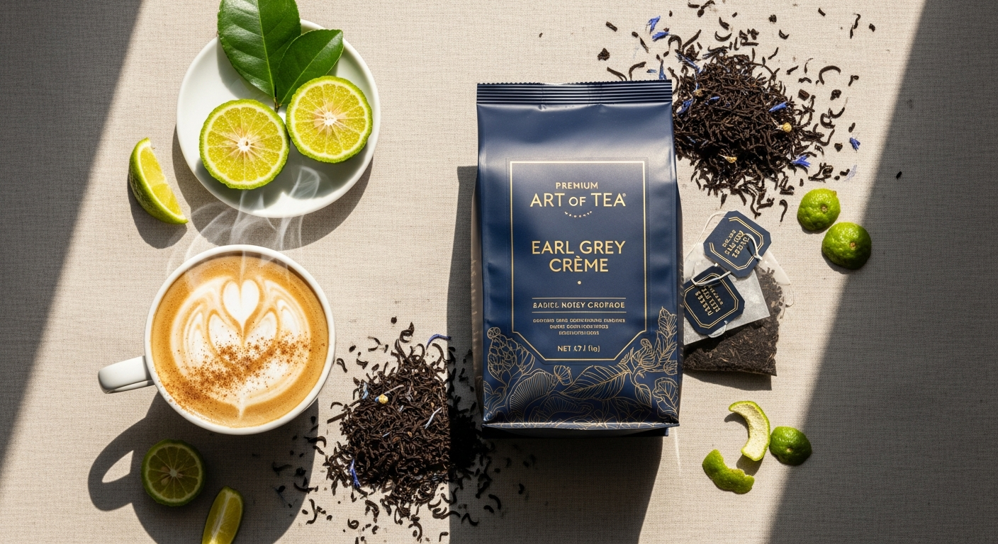 Premium loose leaf organic Earl Grey Crème black tea in artisan tin with bergamot and vanilla notes