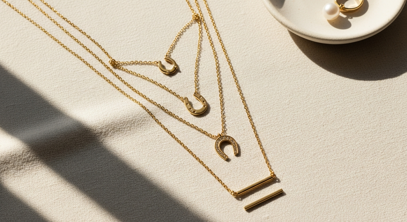 Gold and silver plated layered necklace set with horseshoe motif pendant pieces arranged on white background