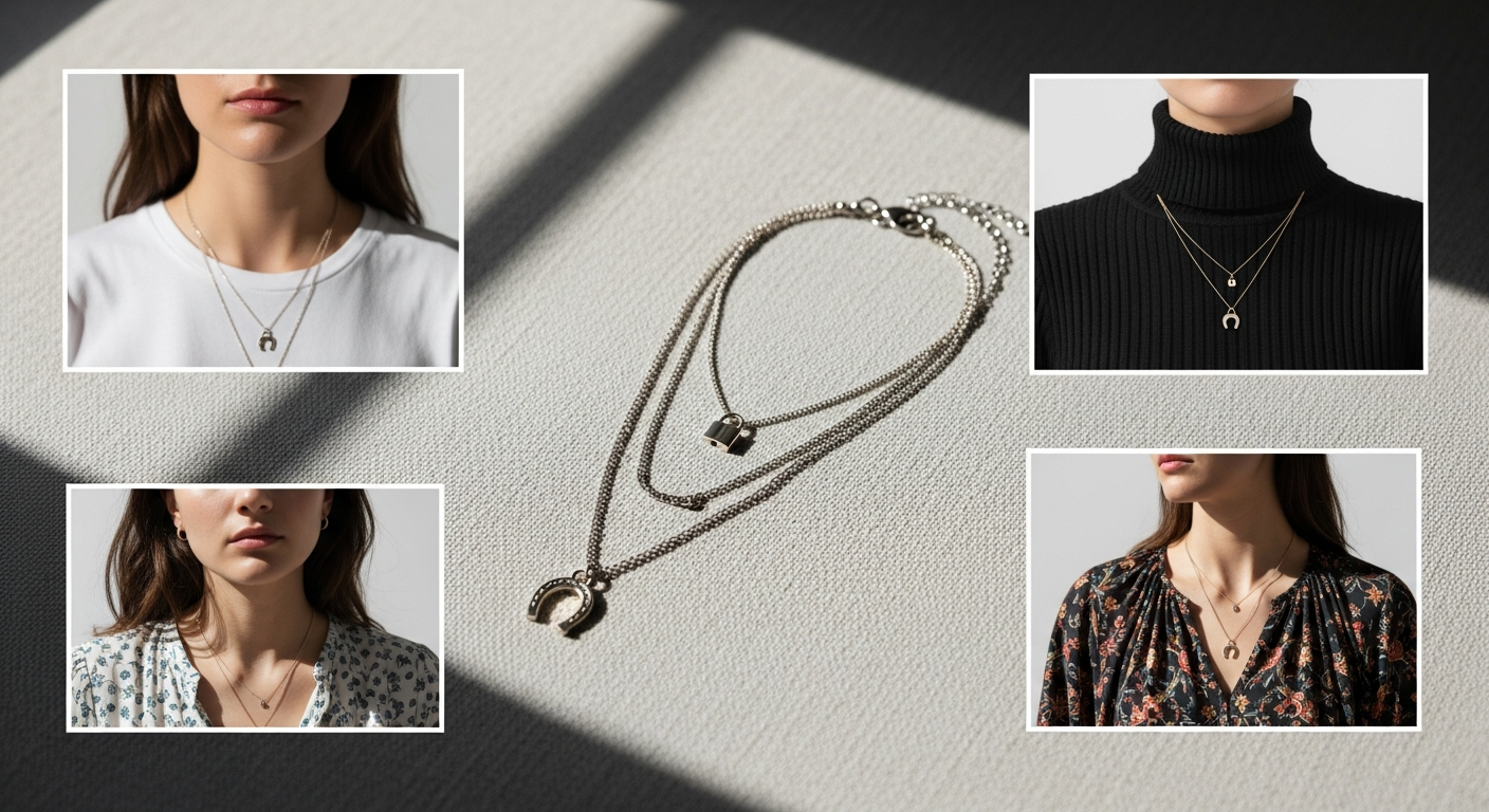 Gold-plated layered necklace set with lock and lightning pendants displayed on white background