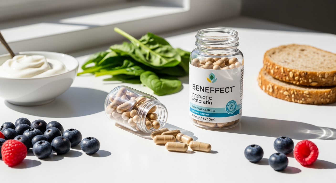 BENEFFECT Probiotic Intestinal Balance Capsules bottle with microencapsulated Bifidobacterium lactis formula for gut health restoration