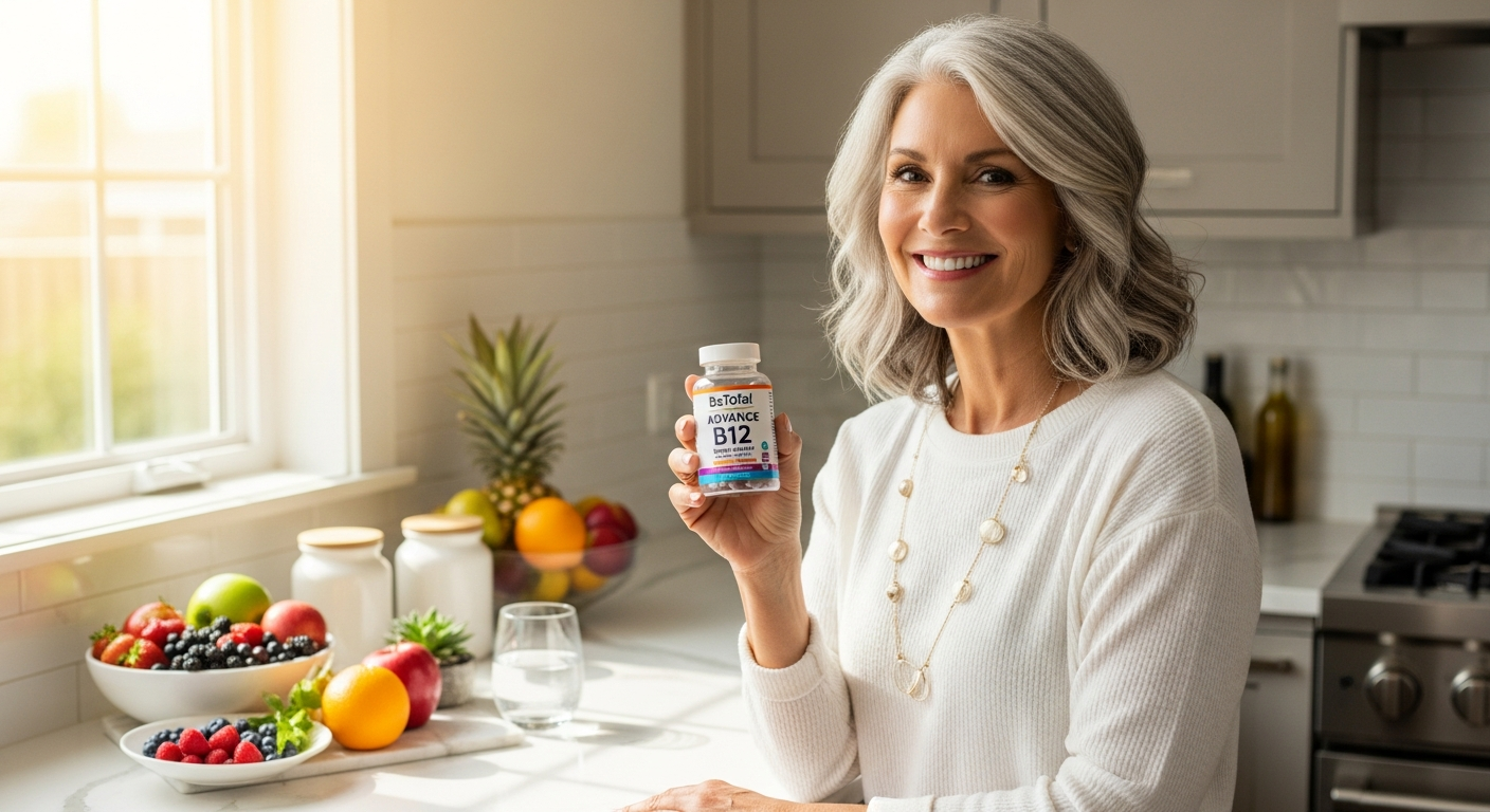 BeTotal Advance B12 50+ supplement vial with raspberry flavor for energy and cognitive support in adults over 50