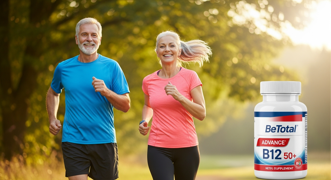 BeTotal Advance B12 50+ Energy Supplement liquid vials in raspberry flavor for active seniors