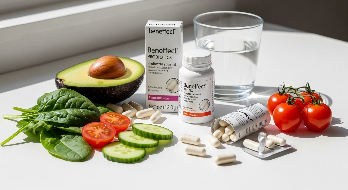 Beneffect Intestinal Balance Probiotics capsules with gut health and digestive wellness concept illustration