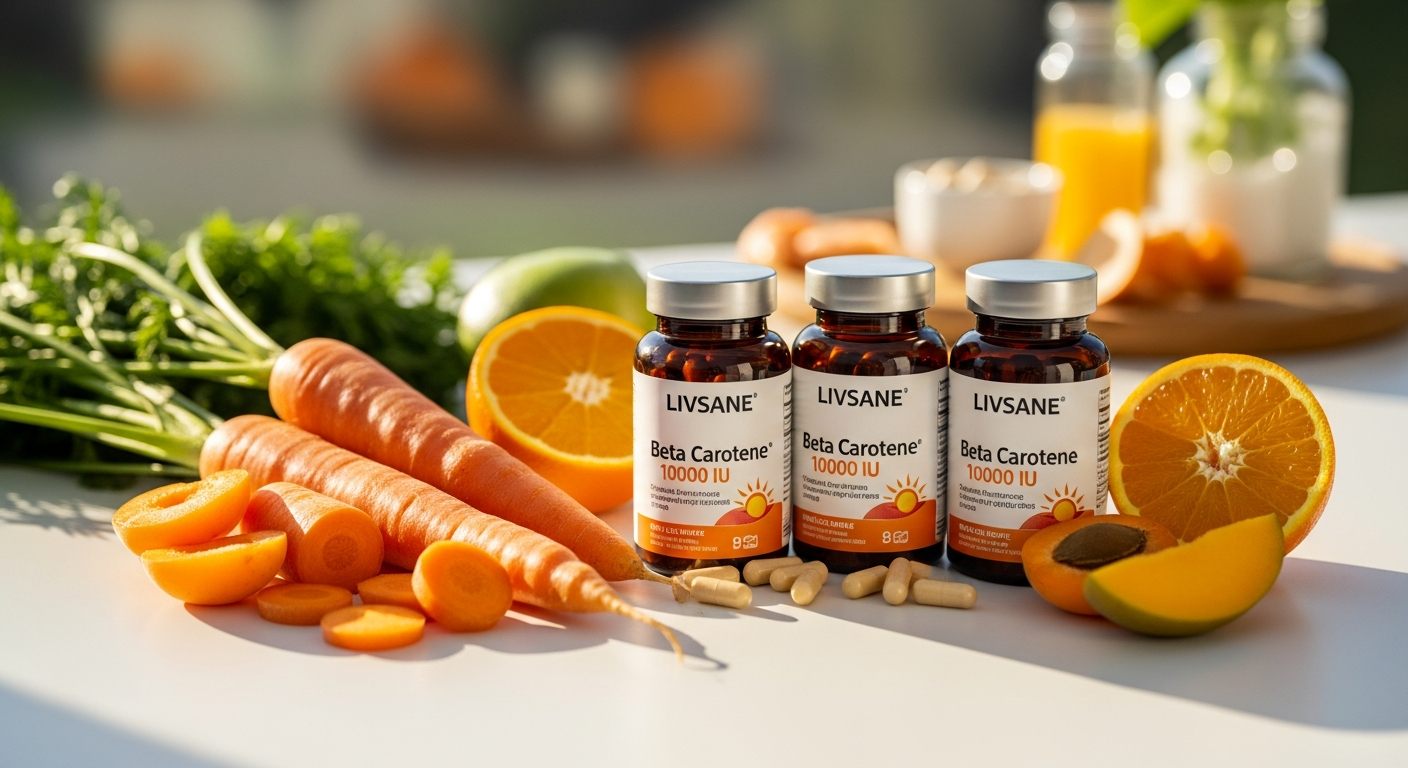 LIVSANE Beta Carotene 10000 IU softgel capsules displayed with fresh carrots and sun-prepared glowing skin