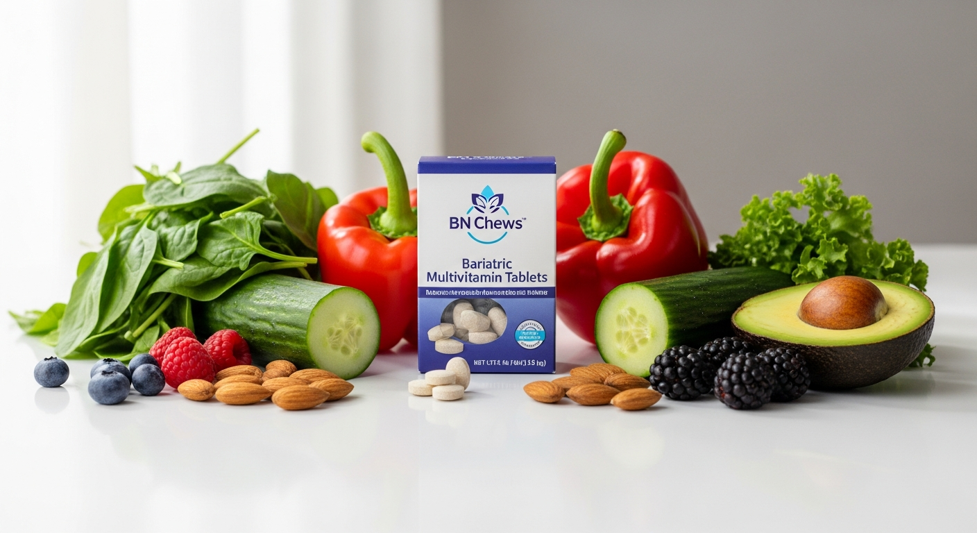 BN Chews Bariatric Multivitamin Tablets in vanilla lime and orange flavors displayed with nutrient supplement bottles