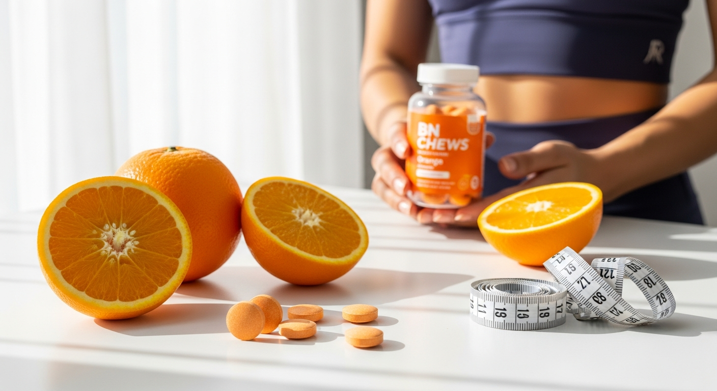 Orange chewable multivitamins in a white bottle designed for post-bariatric surgery patients
