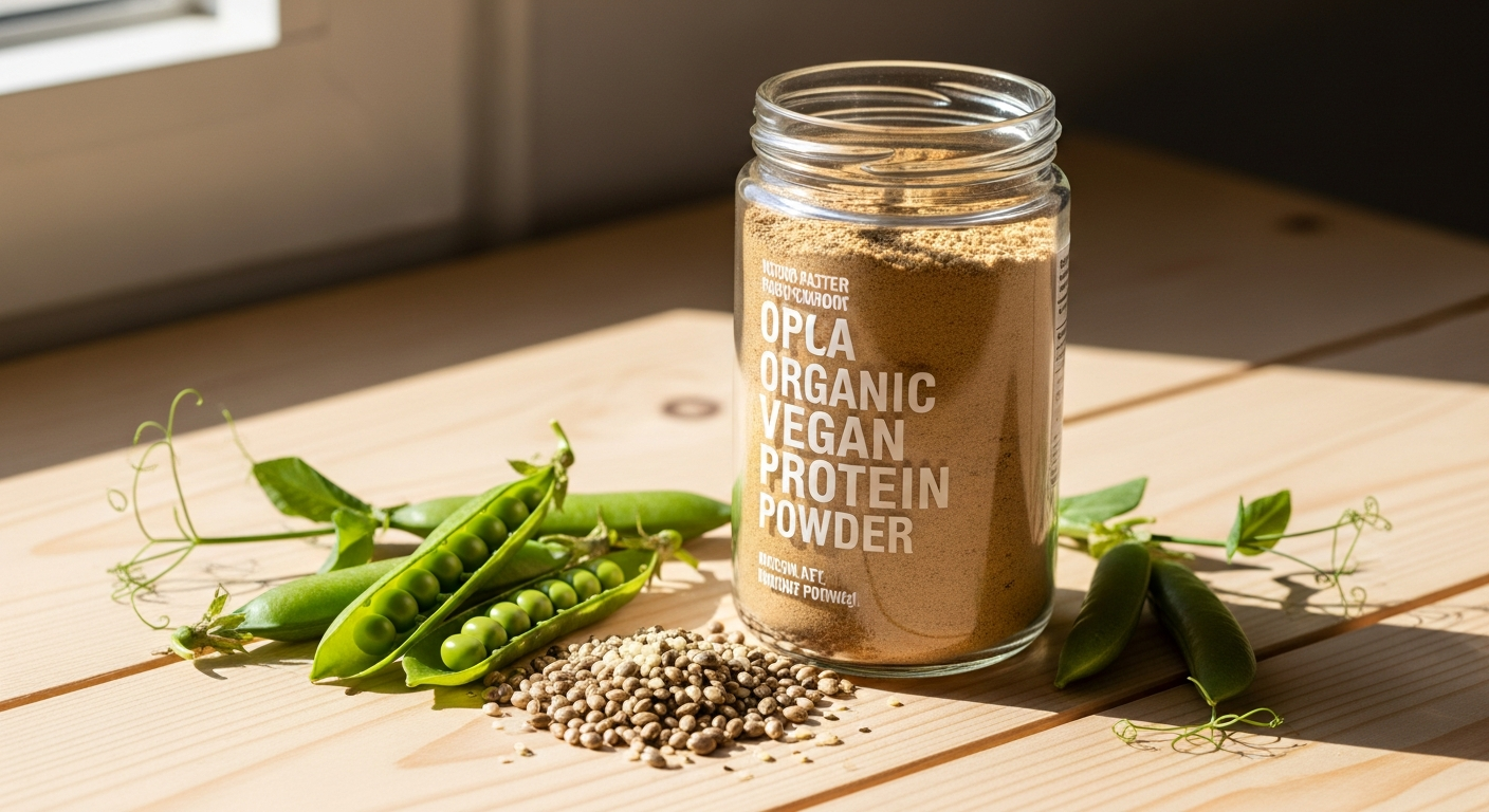 BN Nutrition CH Organic Vegan Protein powder container with fresh plant ingredients and Swiss quality certification badge