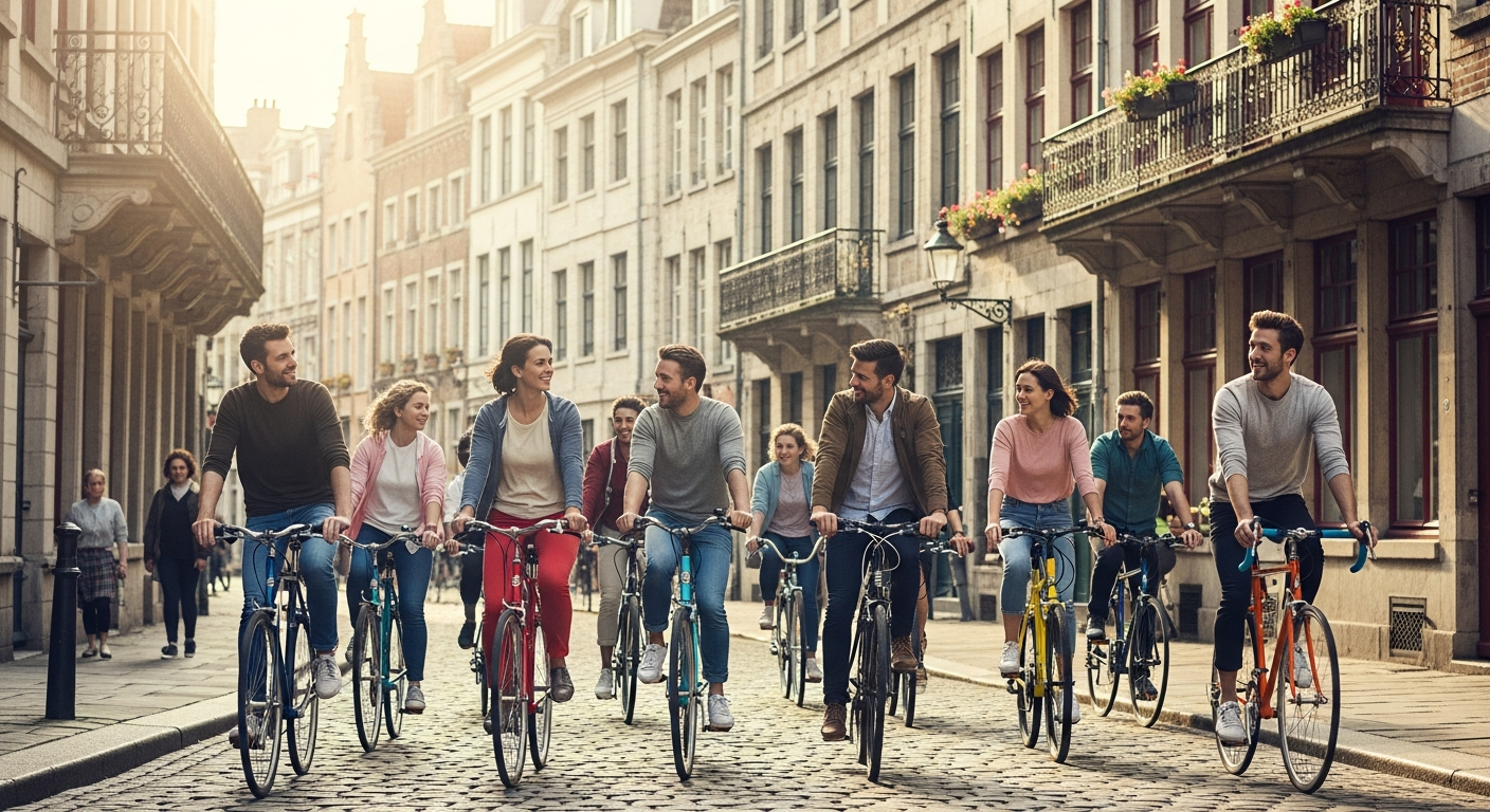 Cyclists riding through a vibrant European city street on guided bike tour with local guide
