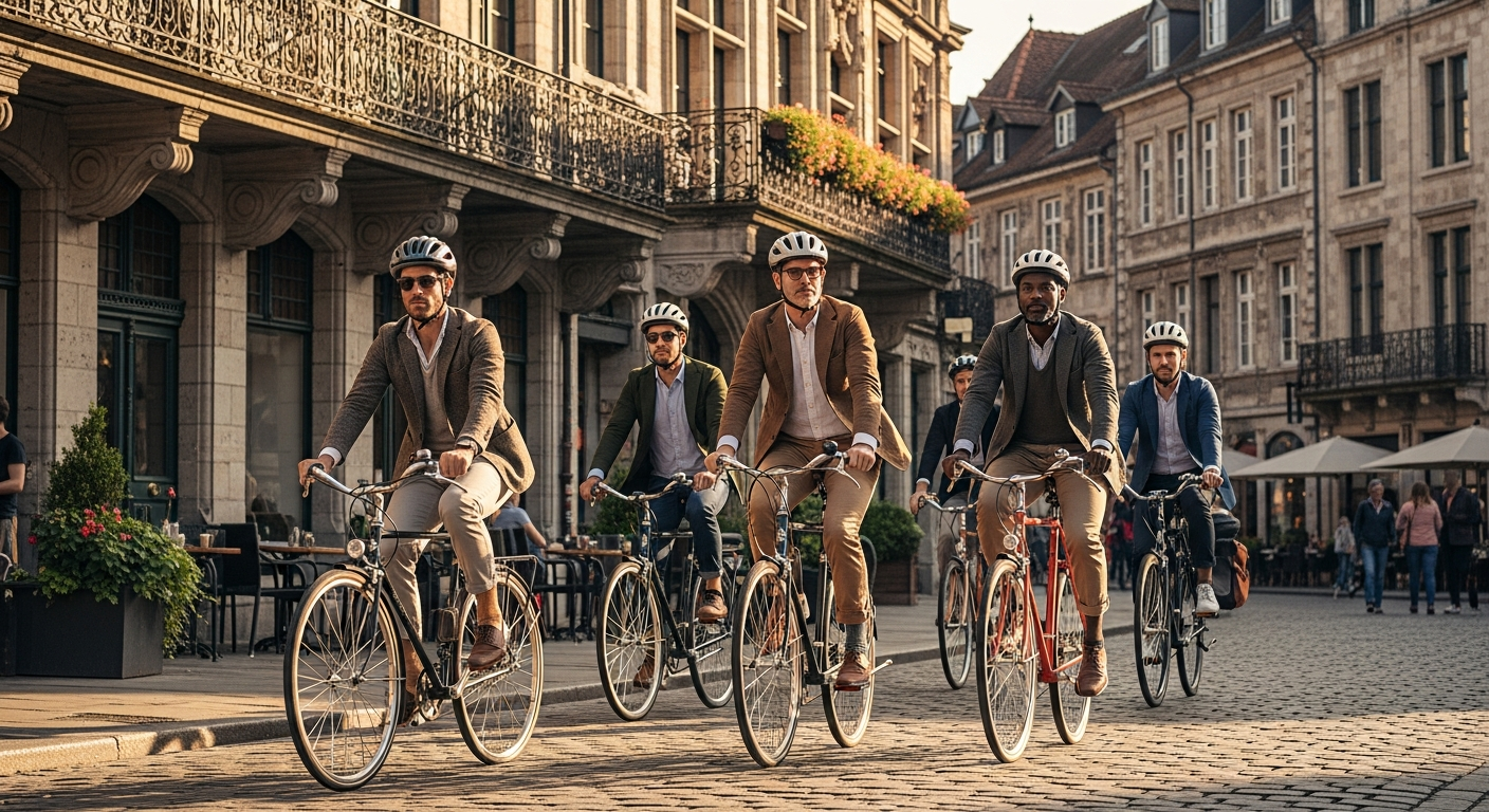 Guided city bike tour group riding through historic European city streets with local guide
